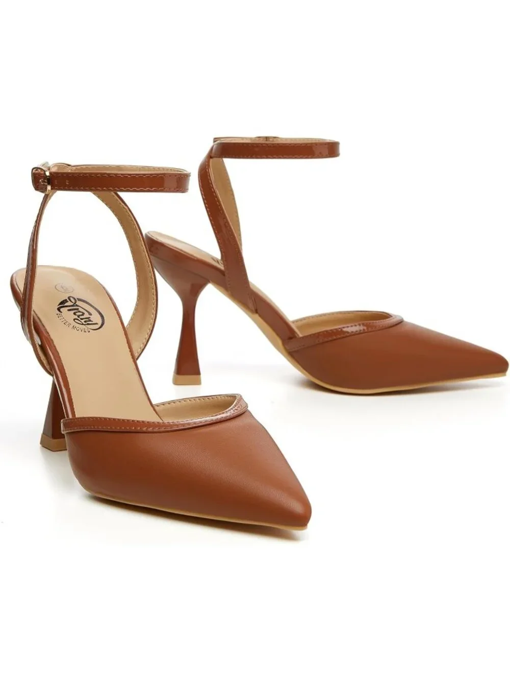 Women's Brown Pu Slingback Pointed Toe Stiletto Heels Ankle Strap Dress Shoes